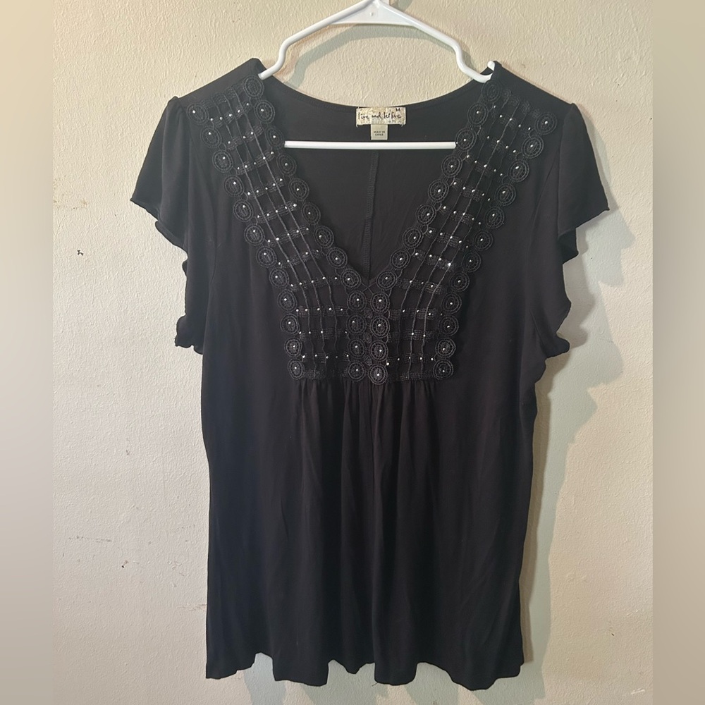 Live and Let Live Black Flutter Sleeve Embellished Blouse